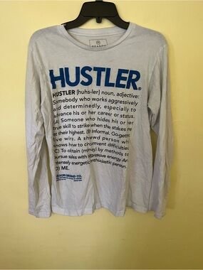 Reason Brand White Long Sleeve Tee with Blue HUSTLER Graphic Size Medium